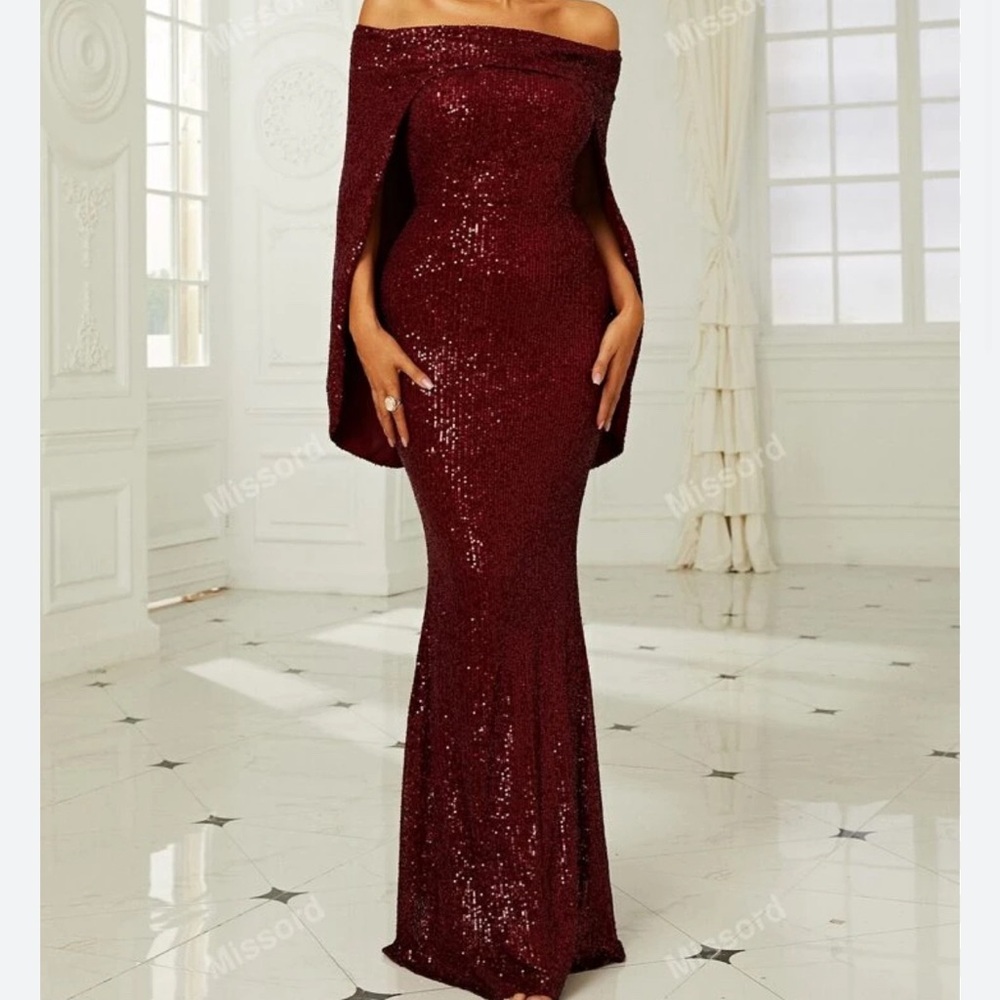 Ms Ord- deep red  sequined full length